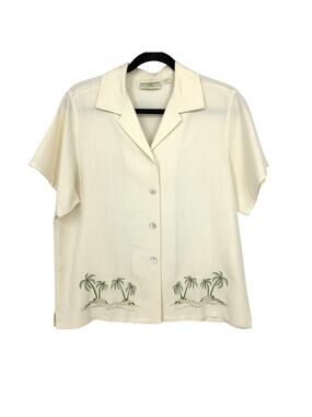 Banana Bay Resortwear Button Front Short Sleeve Shirt Sz L Silk Cream Palm Tree